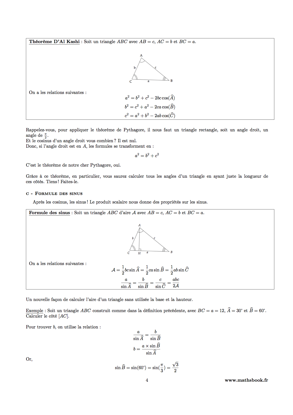 theoreme al kashi et formule des sinus